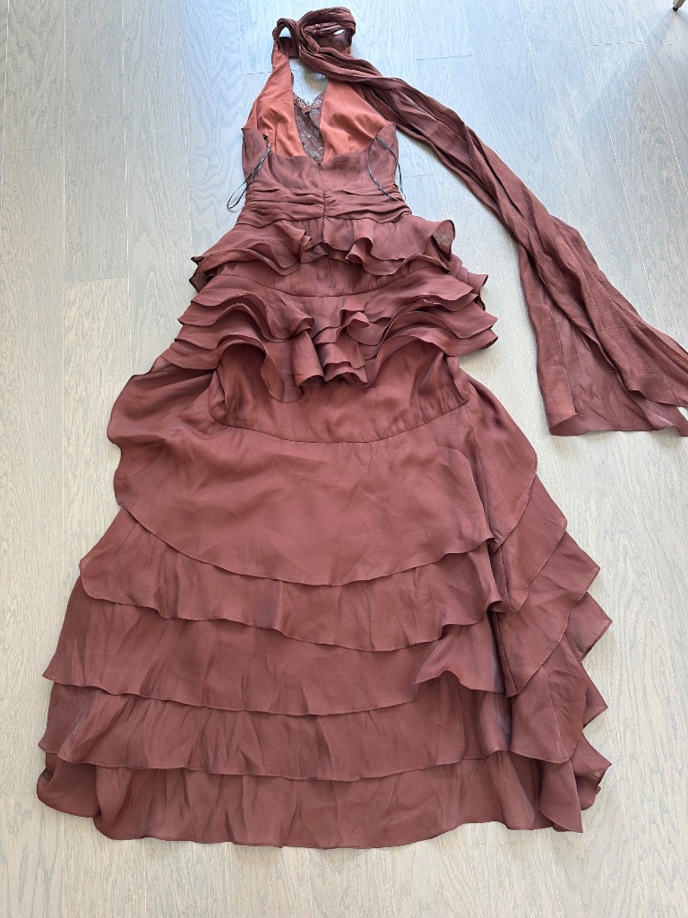 Elliatt Rosera Chocolate Brown Halter Gown Tiered Ruffle Lace - SMALL - Picture 3 of 9